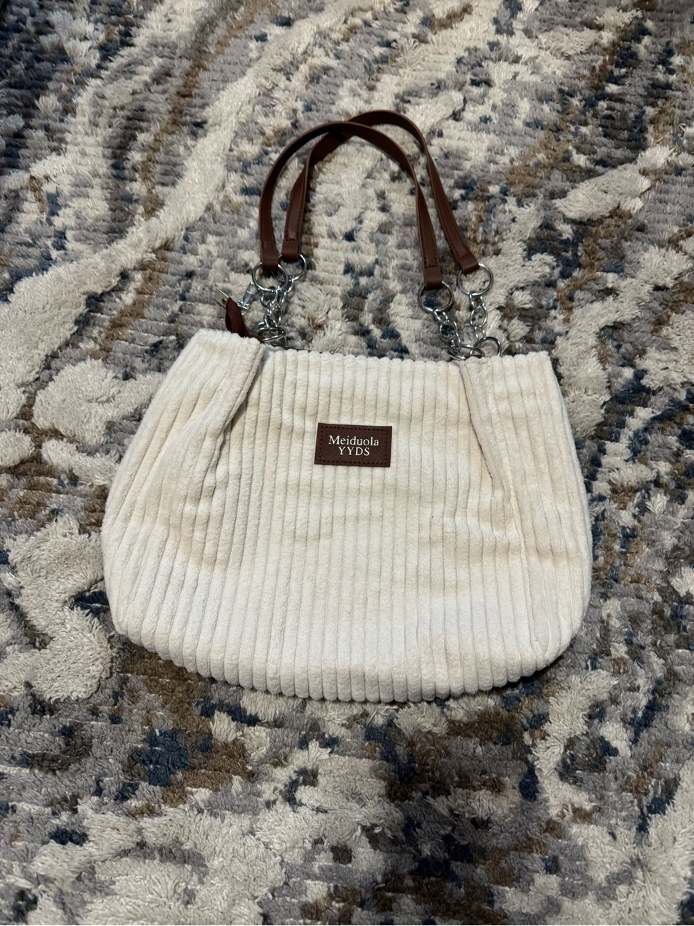 ✅🩷 $5 items for $25 Minimum. Cream Ribbed Shoulder Bag with Brown Handles - Picture 6 of 11